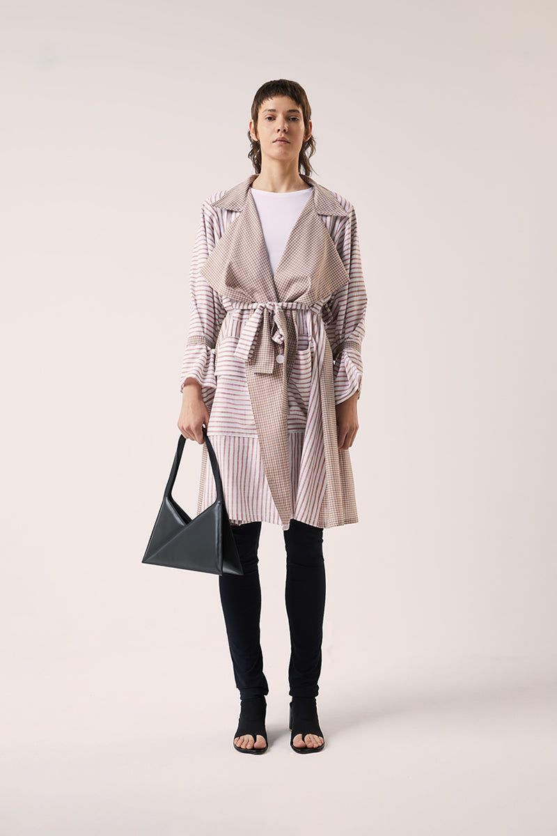 Double-breasted belted trench coat-White/Brown 240791