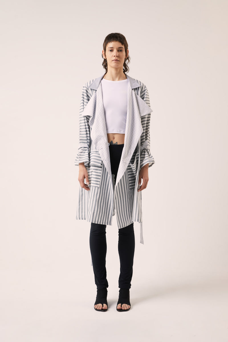 Double-breasted belted trench coat-Grey/White 240791
