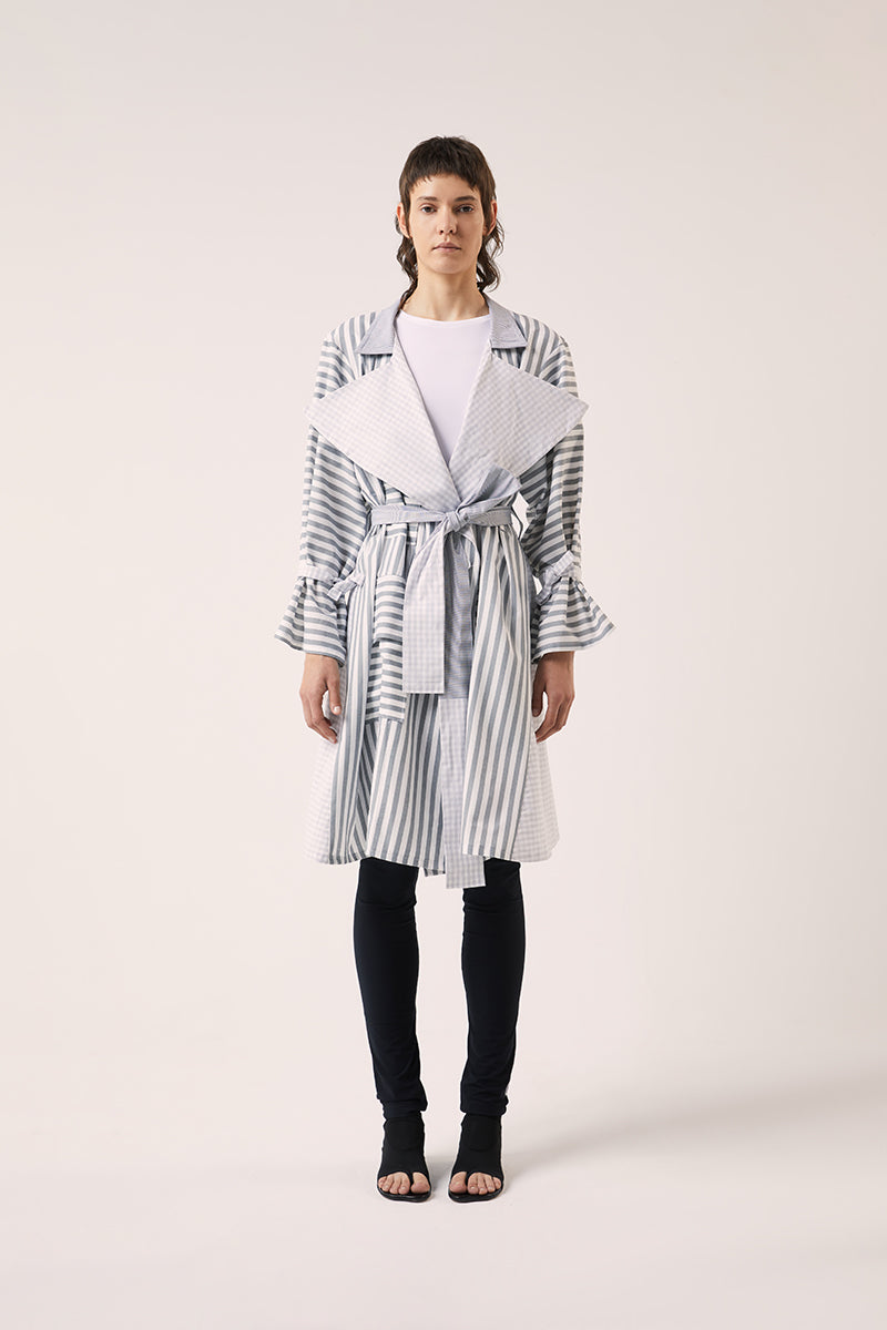 Double-breasted belted trench coat-Grey/White 240791