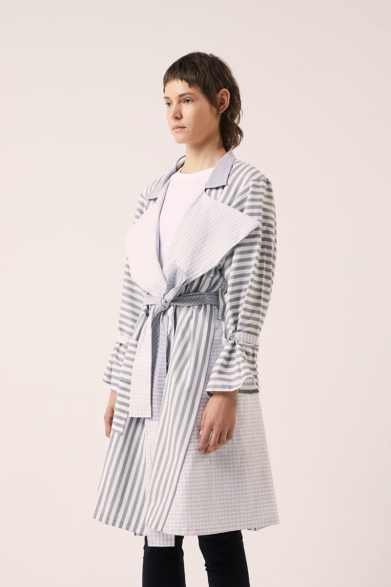 Double-breasted belted trench coat-Grey/White 240791
