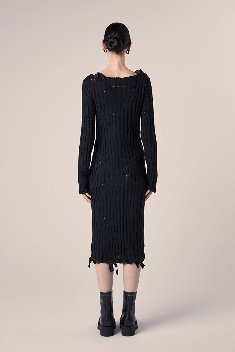Knit Midi Dress with ribbons-Black MM6 MAISON MARGIELA