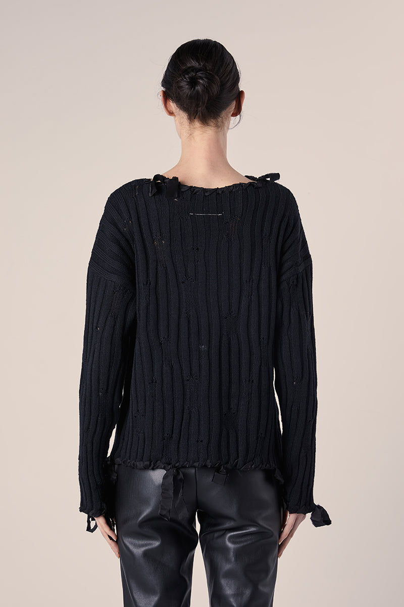 Knit wide neck with ribbons top-Black MM6 MAISON MARGIELA