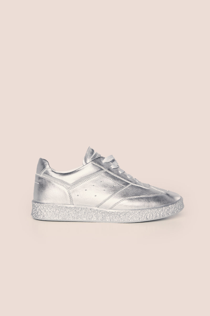 Metallic-finish lace-up sneakers-Silver MM6 MAISON MARGIELA