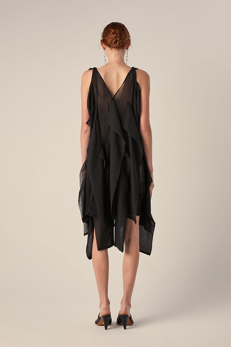 Transparent sleeveless midi dress with muslin vertical straps-Black 240791