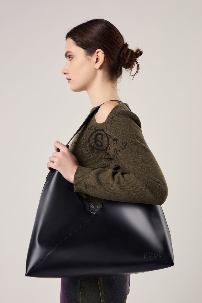 Large fortune cookie leather tote bag-Black MM6 MAISON MARGIELA