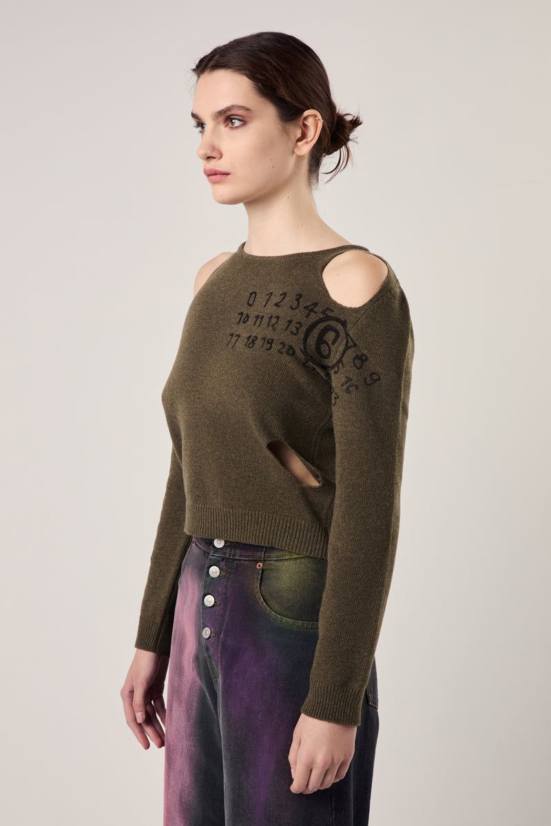Number-print cut-out wool jumper-Moss Green MM6 MAISON MARGIELA