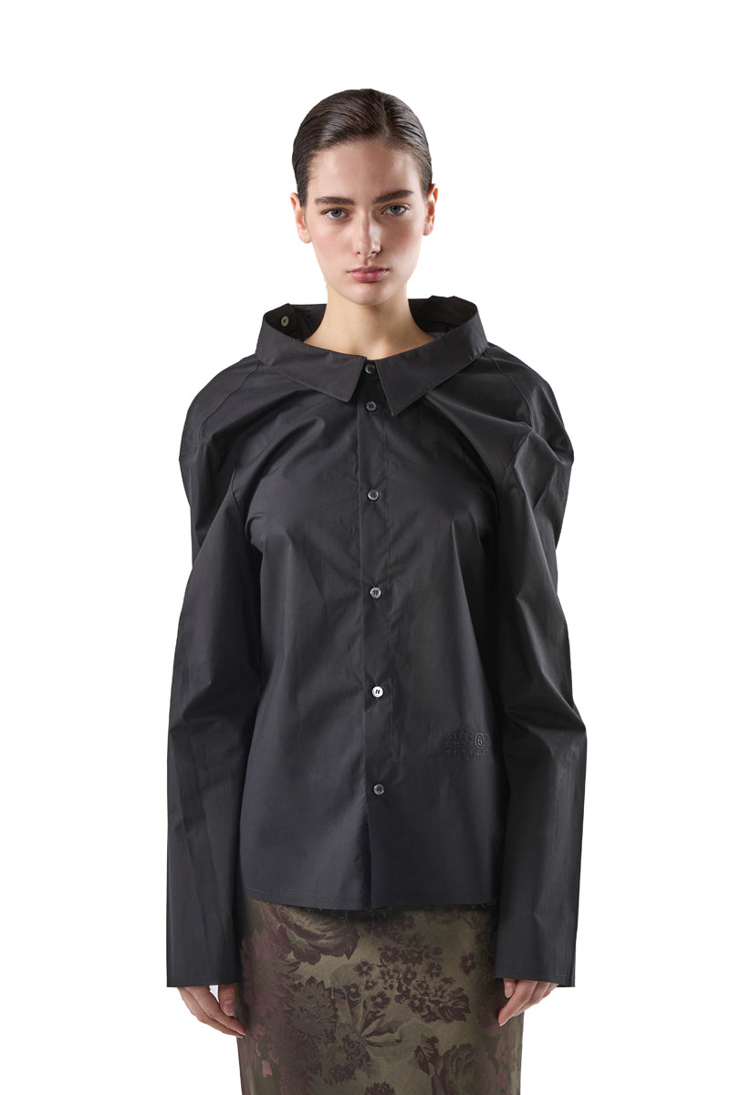 Distressed oversized-collar frayed-hem shirt/Black MM6 MAISON MARGIELA
