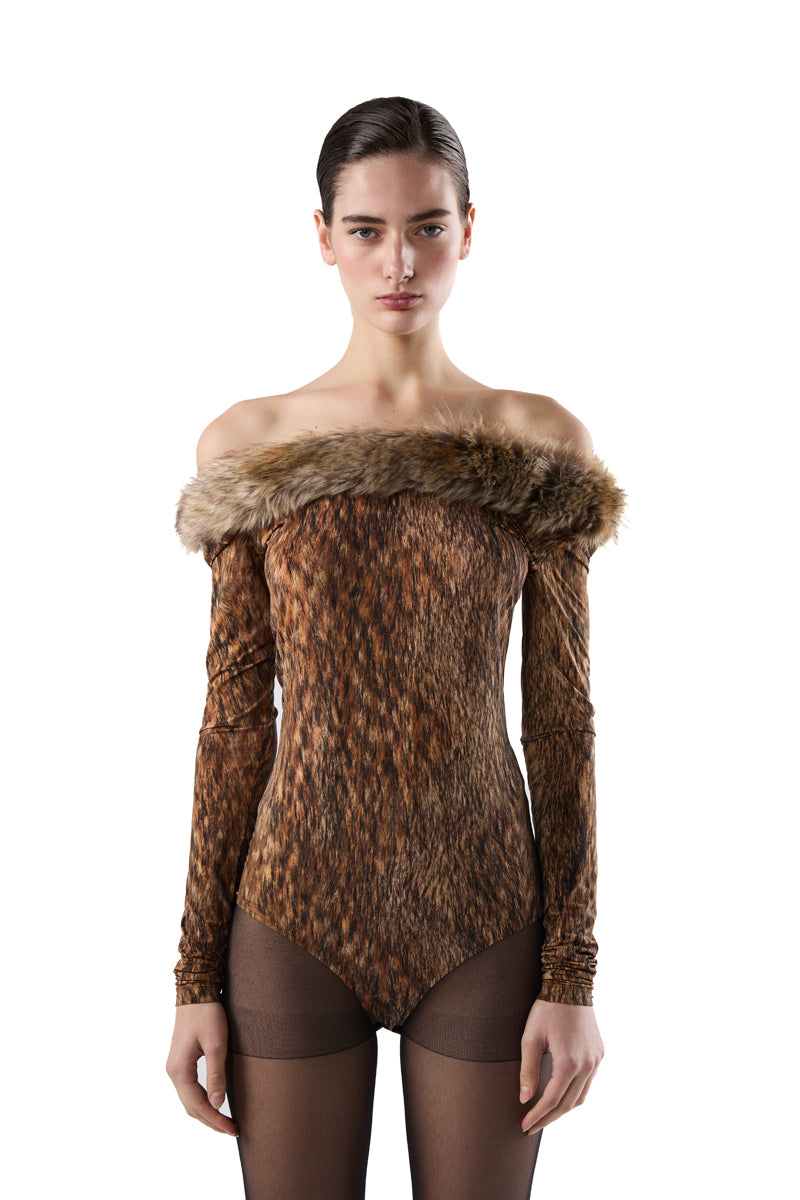 Animal-print bodysuit/Brown MM6 MAISON MARGIELA