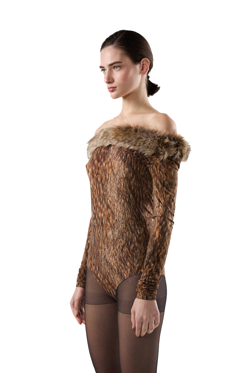 Animal-print bodysuit/Brown MM6 MAISON MARGIELA