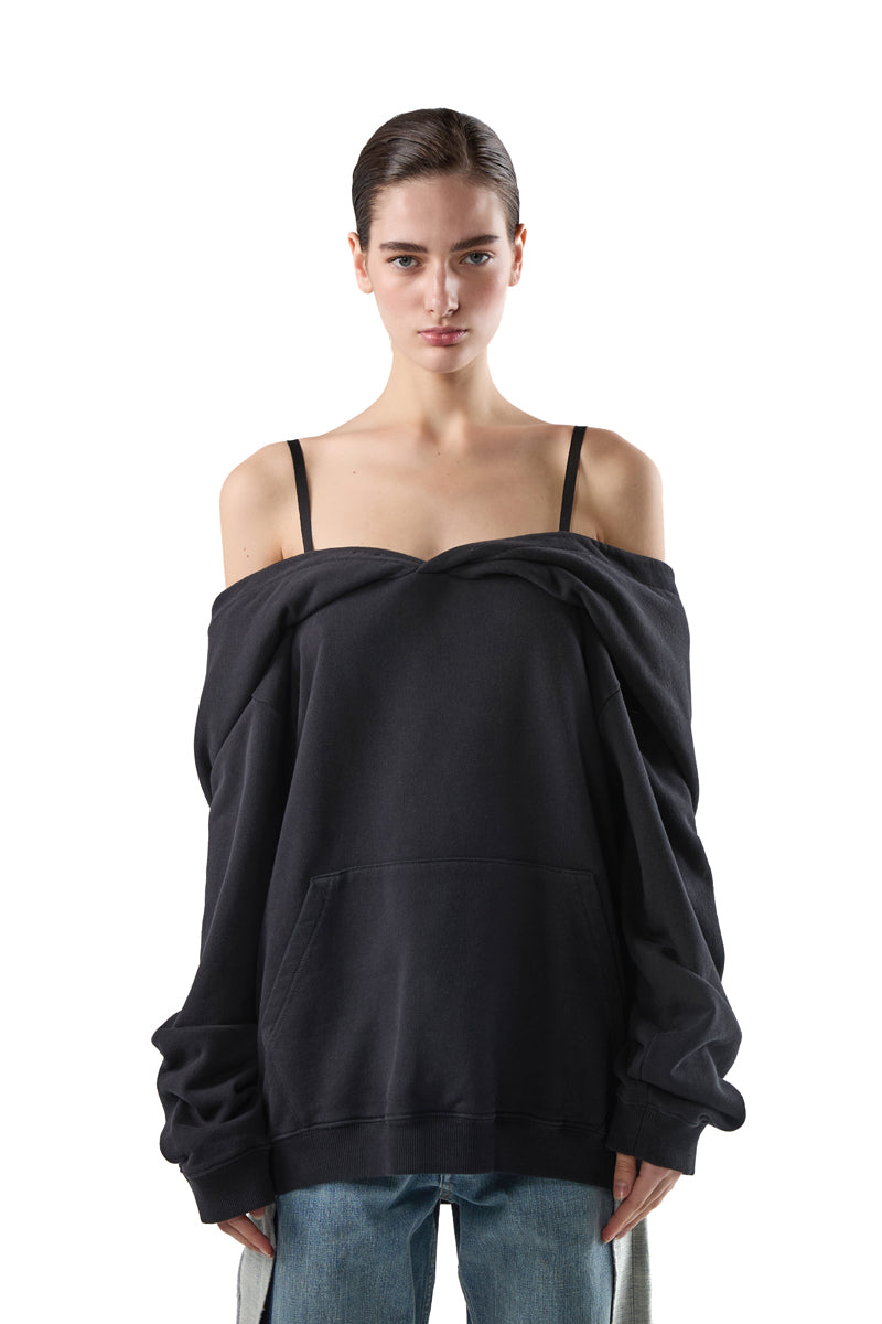 Black Off-The-Shoulder Hoodie/Black MM6 MAISON MARGIELA