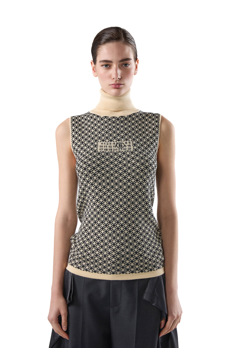 Turtleneck knit sleeveless top/Black-White