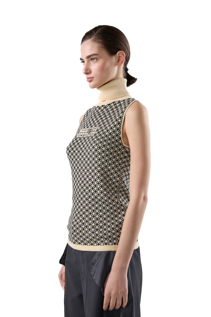 Turtleneck knit sleeveless top/Black-White