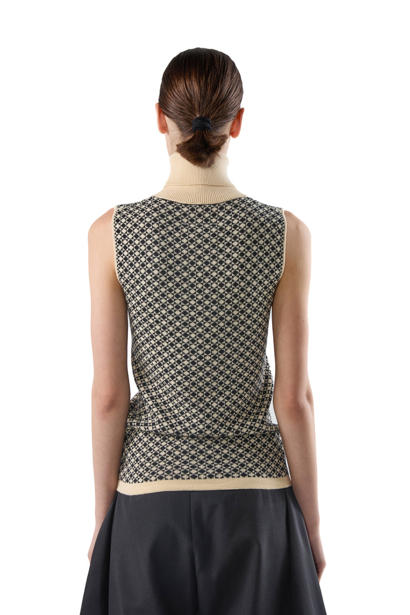 Turtleneck knit sleeveless top/Black-White