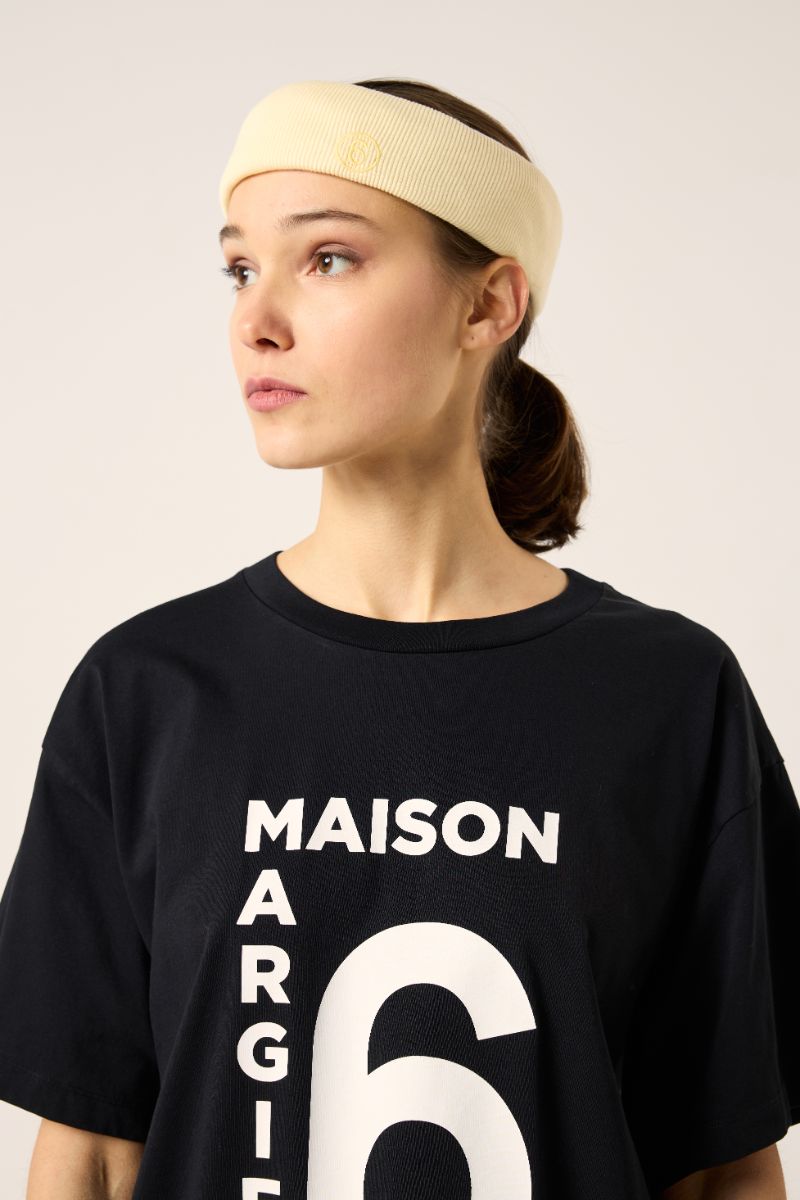 Logo ribbed headband-Beige MM6 MAISON MARGIELA