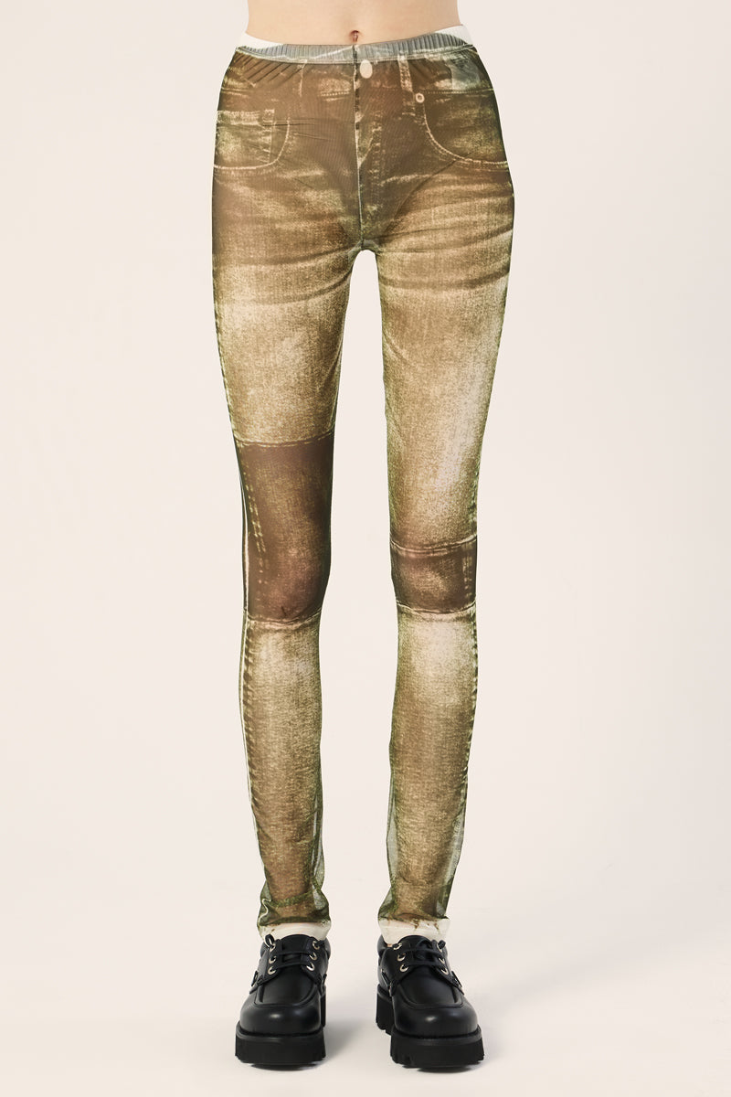 Semi-sheer jean-print leggings-Dark green MM6 MAISON MARGIELA